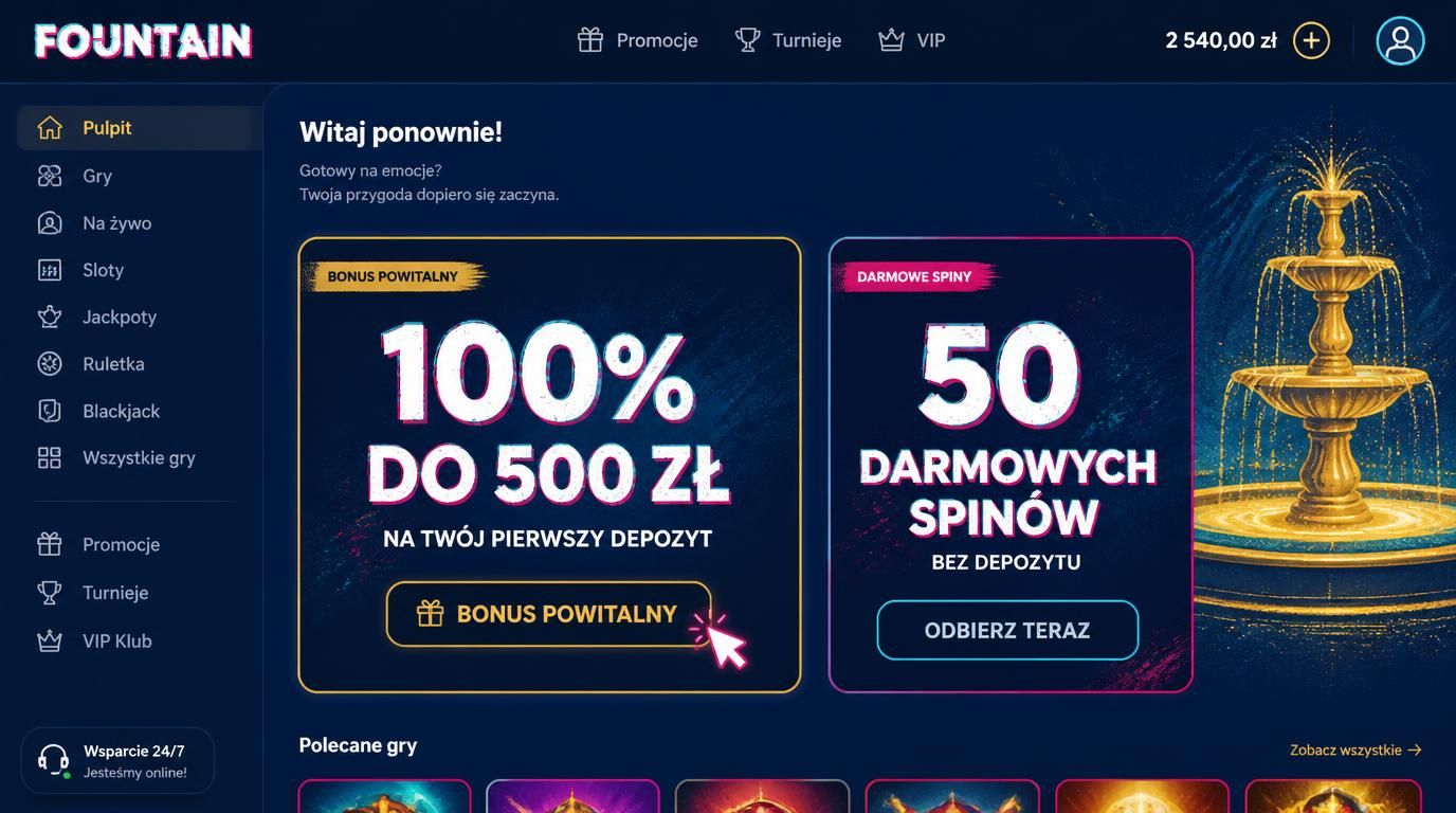 użytkownik widzi ofertę powitalną 100 % do 500 zł + 50 darmowych spinów na interfejsie Fontan Casino