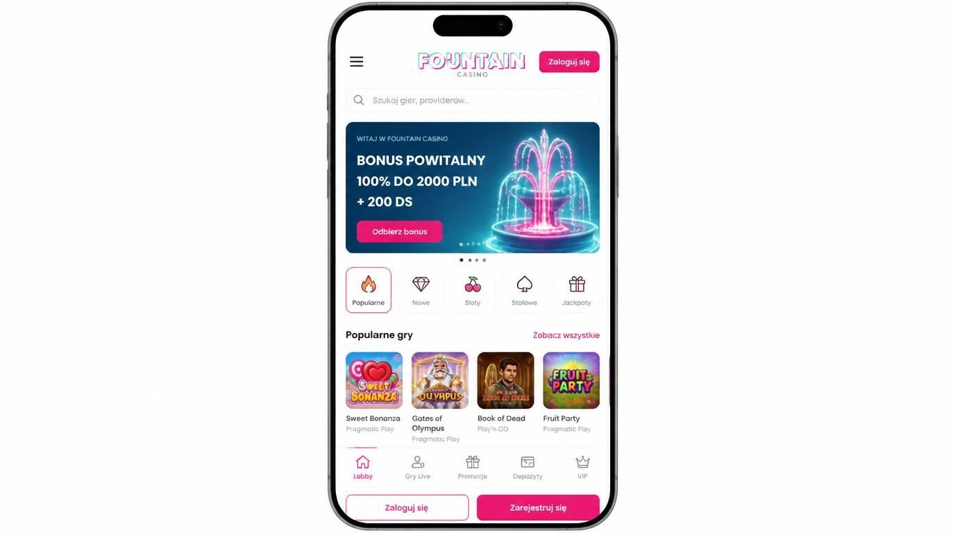 interfejs lobby i menu Fontan Casino na telefonie