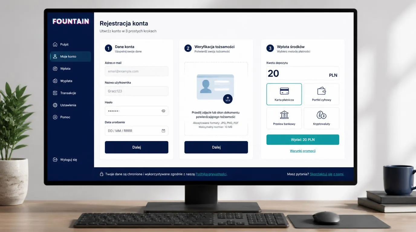 Panel konta kasynowego z formularzem rejestracji, weryfikacją tożsamości i wyborem metody wpłaty