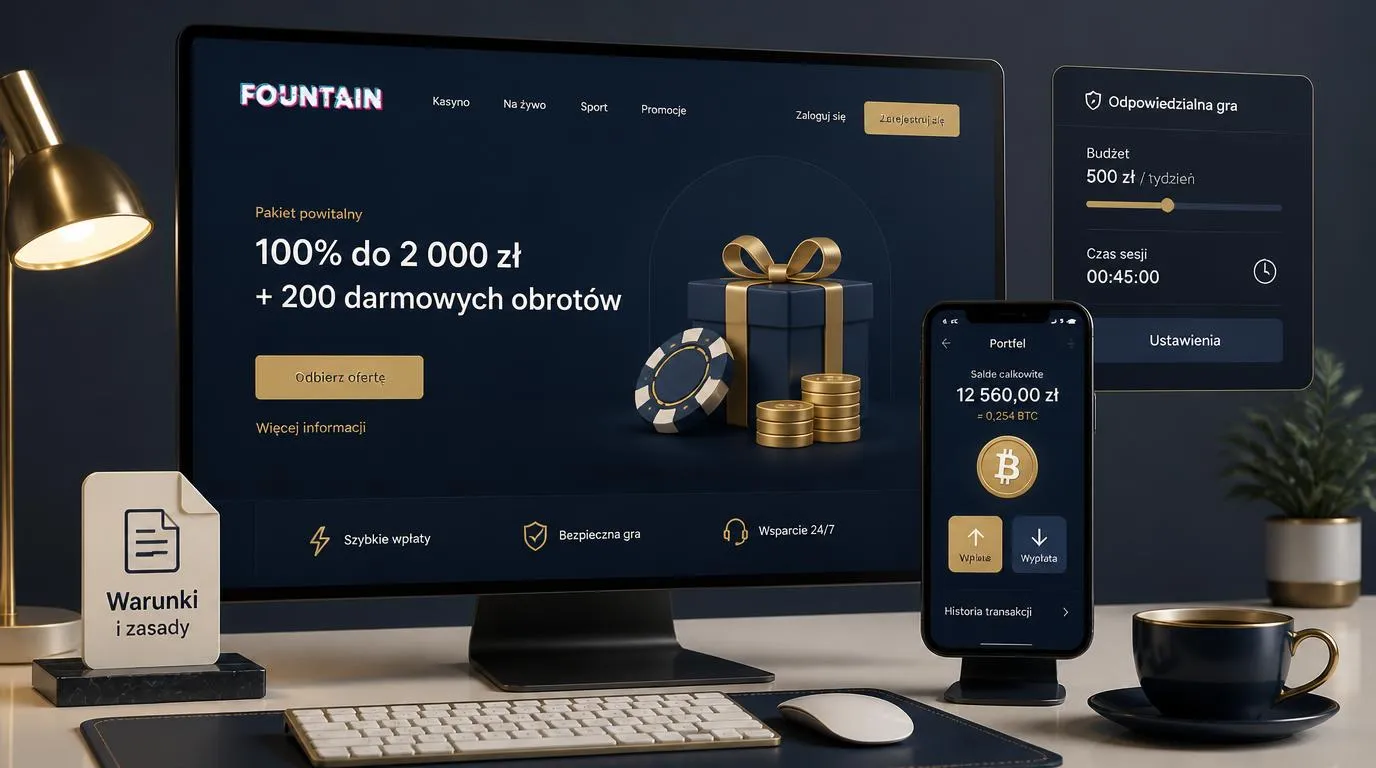 Ekran oferty powitalnej obok portfela kryptowalutowego i panelu limitów gry