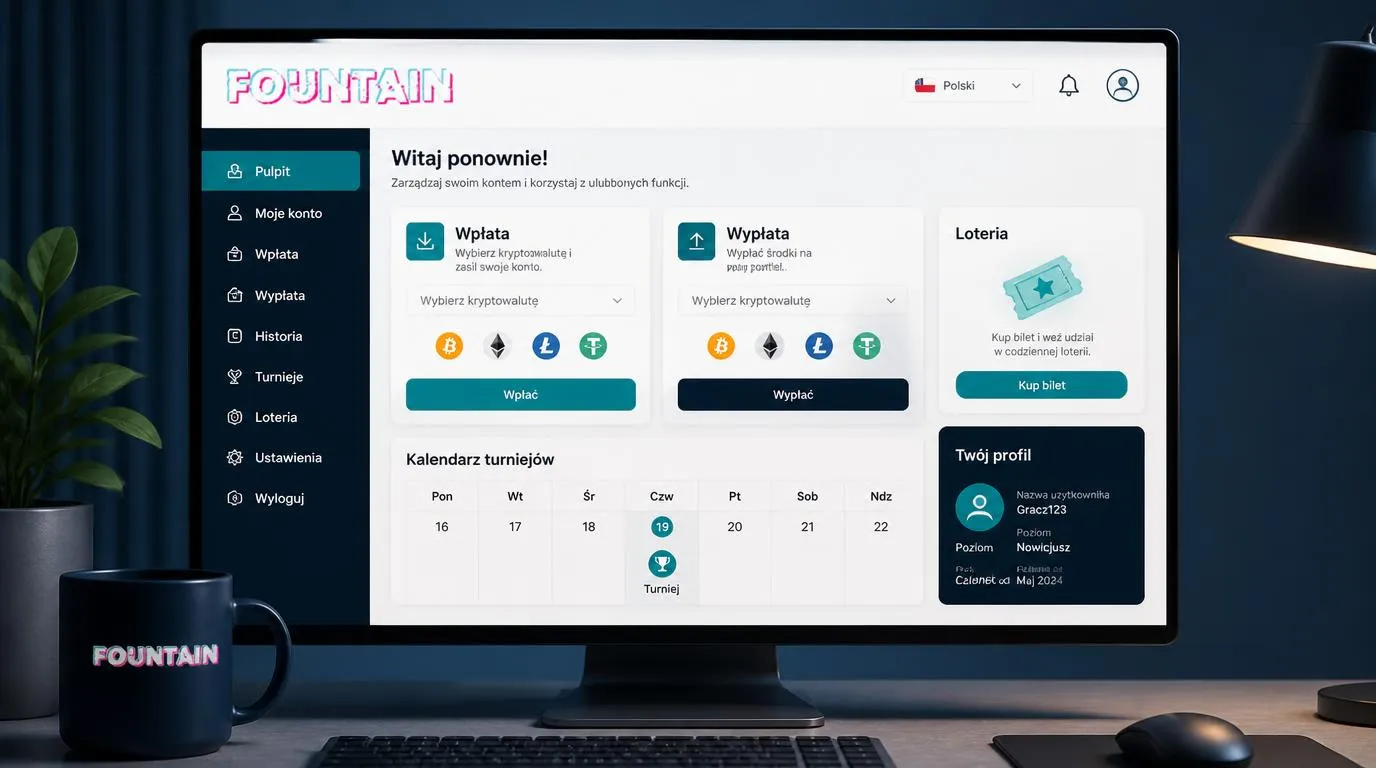 Panel kasyna z opcjami wpłat i wypłat kryptowalutowych, kalendarzem turniejów oraz wyborem języka